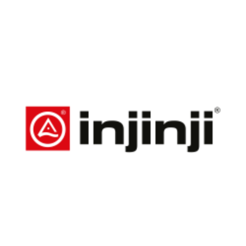 Injinji-logotyp med ett rött fyrkantigt emblem till vänster som innehåller en vit triangel och en stiliserad tåform. Bredvid står ordet 'injinji' i svart, gemener, med modern sans-serif-typografi.