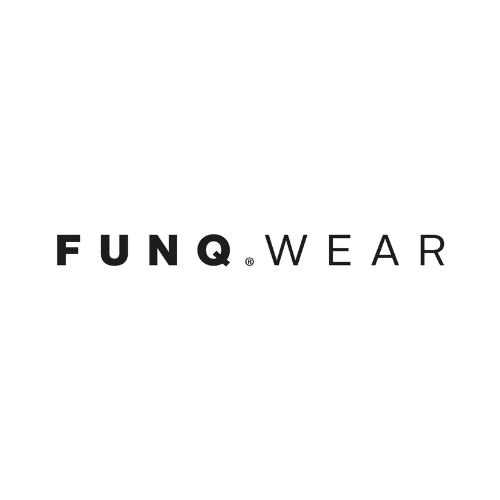 Funq Wear-logotyp i svart med modern, minimalistisk text där 'FUNQ' står i fet stil och 'WEAR' i tunnare bokstäver.
