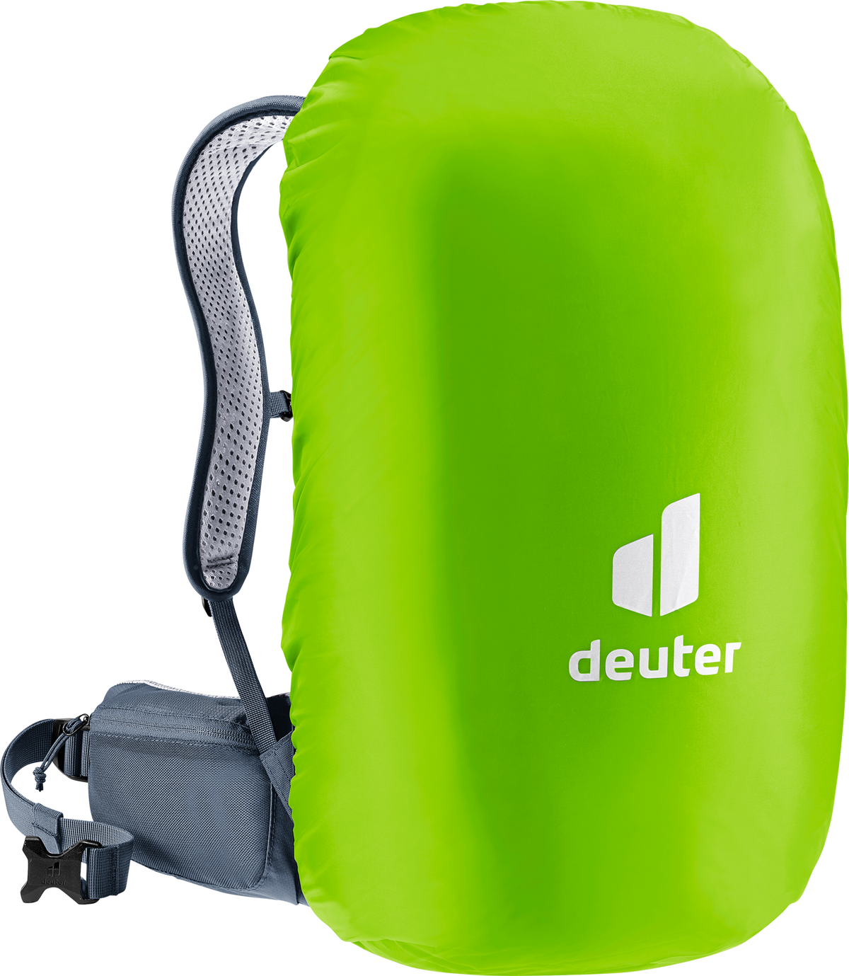 Deuter Futura 27 ryggsäck med pådragen neonfärgad regnskyddshuva med logotyp – vattentätt skydd för vandring i regn och blött väder.