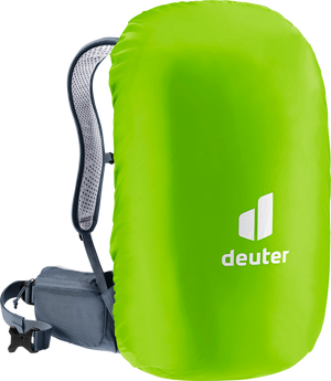 Deuter Futura 27 ryggsäck med pådragen neonfärgad regnskyddshuva med logotyp – vattentätt skydd för vandring i regn och blött väder.