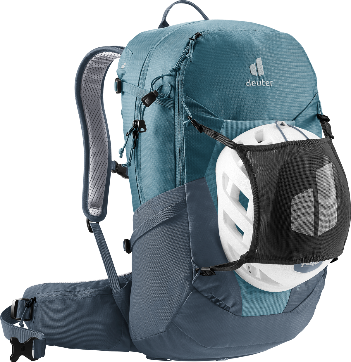 Deuter Futura 27 vandringsryggsäck i Atlantic / Ink-blå med ventilerande Aircomfort-bärrsystem, höftbälte och justerbara axelremmar – visad i profil med det medföljande svarta hjälmnätet fastspänt framtill över en vit cykelhjälm.