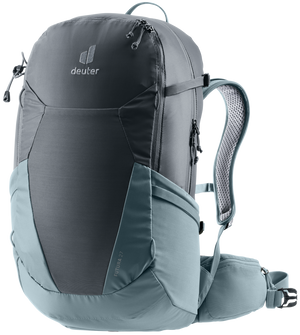 Deuter Futura 27 liters vandringsryggsäck i grafitgrå och blå färg, med ergonomiska axelband, ventilerande ryggpanel och flera dragkedjefack.