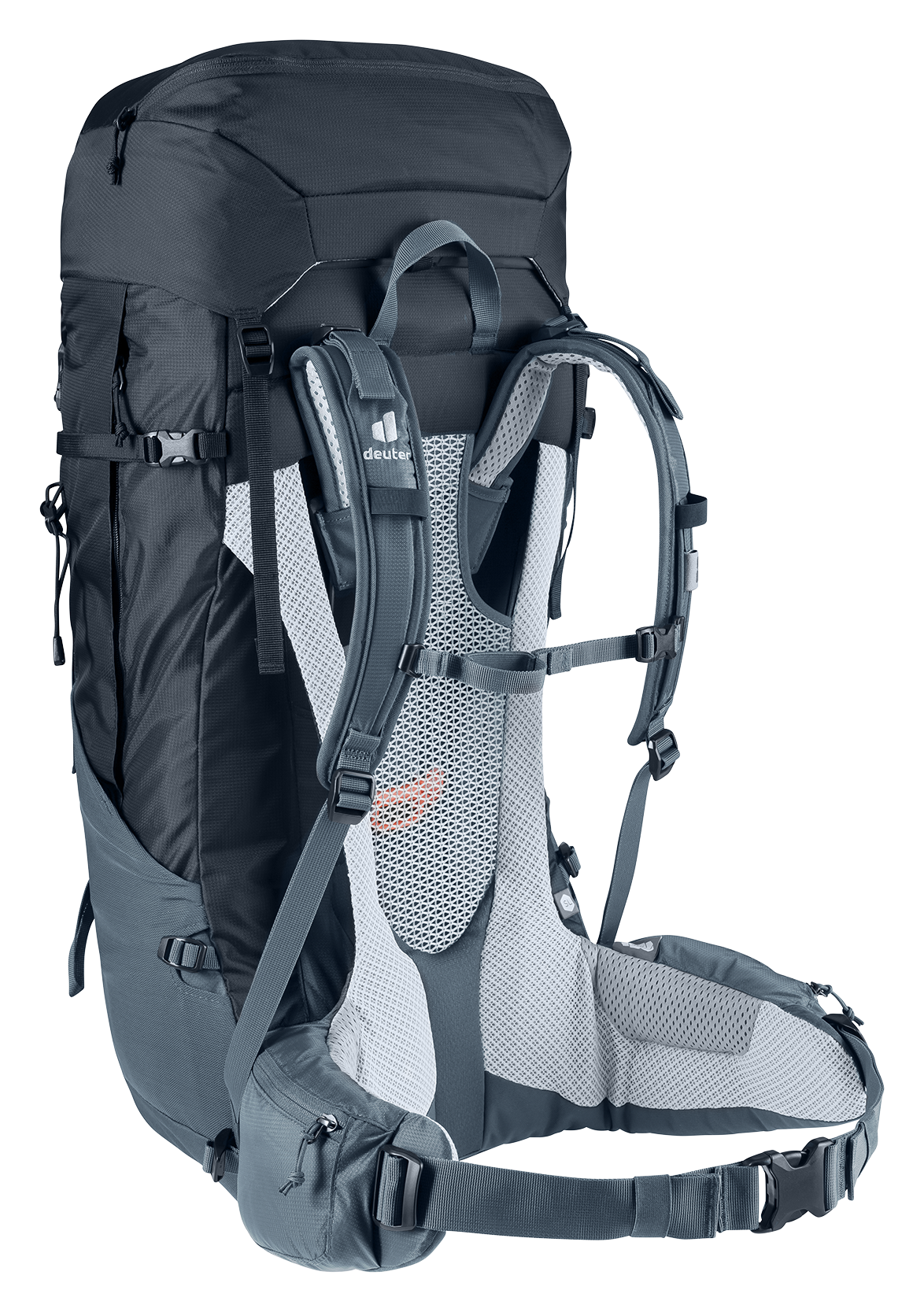 Deuter Futura Air Trek 55+10 SL ryggsäck sedd snett bakifrån, med ventilerat bärsystem, justerbara axelremmar, bröstrem och vadderat höftbälte för ergonomisk passform och god luftcirkulation vid längre vandring.