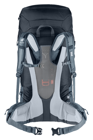 Baksida av Deuter Futura Air Trek 55+10 SL ryggsäck i svart och grå, med ergonomiska, ventilerade axelremmar, justerbar bröstrem och vadderat höftbälte för optimal komfort och luftcirkulation vid längre vandringar.
