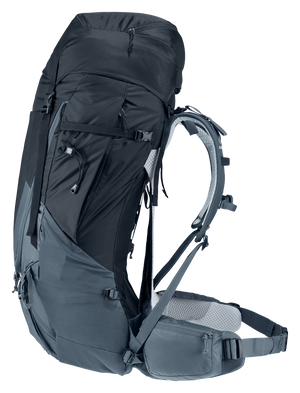 Deuter Futura Air Trek 55+10 SL ryggsäck i svart och grått, sedd från sidan med synliga justerbara axelremmar, rymliga sidofickor, dragkedjor och ett vadderat höftbälte med integrerade fickor – designad för långdistansvandring och optimal viktfördelning.