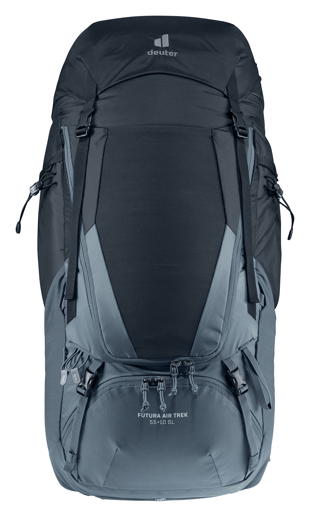 Framifrån vy av ryggsäcken Deuter Futura Air Trek 55+10 SL i svart och grått, med synliga kompressionsremmar, flera dragkedjefack och logotyp – designad för vandring med hög kapacitet och smart förvaring.