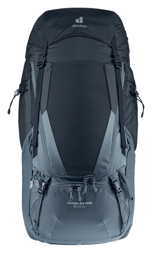 Framifrån vy av ryggsäcken Deuter Futura Air Trek 55+10 SL i svart och grått, med synliga kompressionsremmar, flera dragkedjefack och logotyp – designad för vandring med hög kapacitet och smart förvaring.