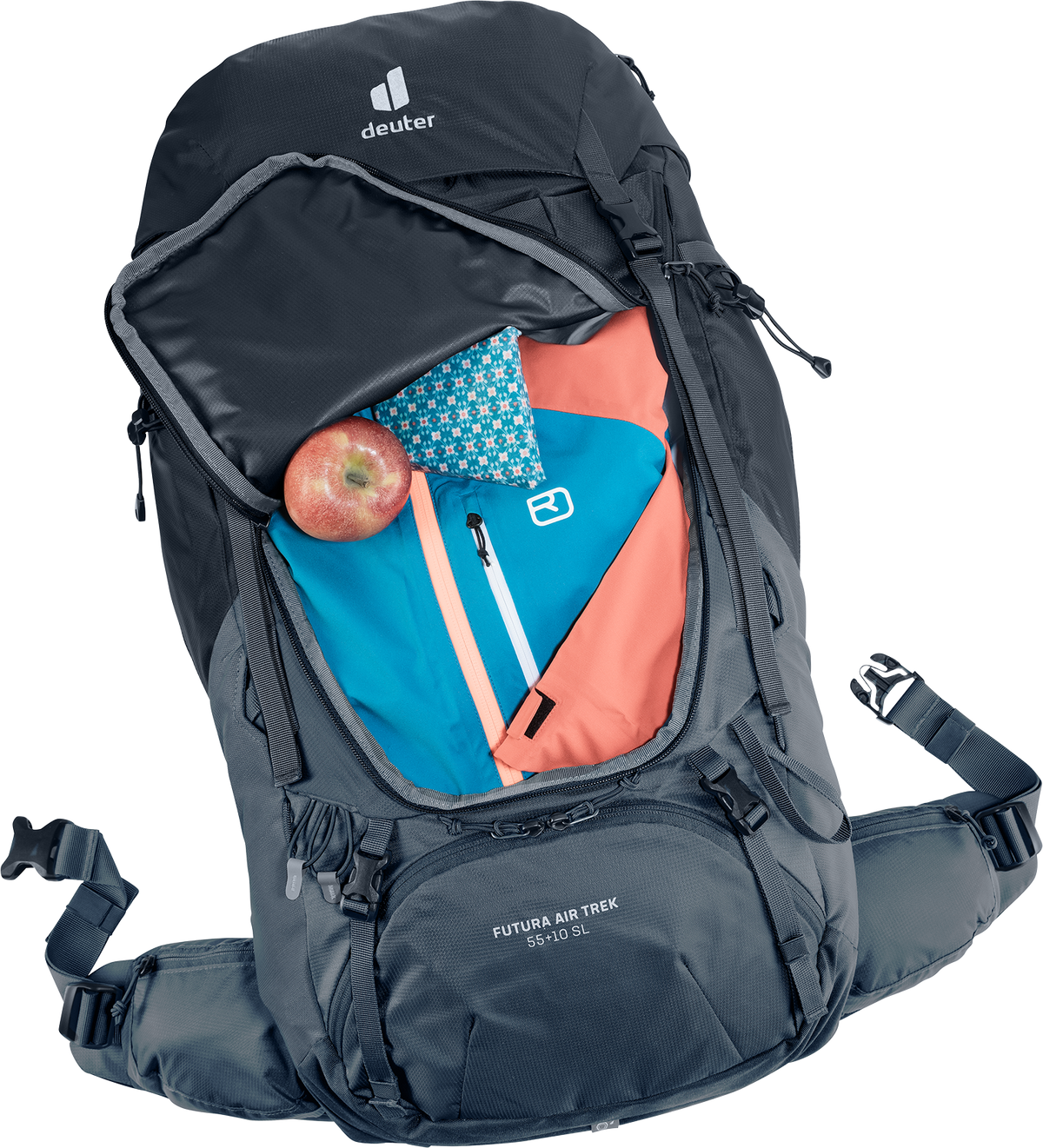 Deuter Futura Air Trek 55+10 SL ryggsäck öppnad framtill – visar packade kläder, tygbit och ett äpple, med god överblick över det stora huvudfacket.