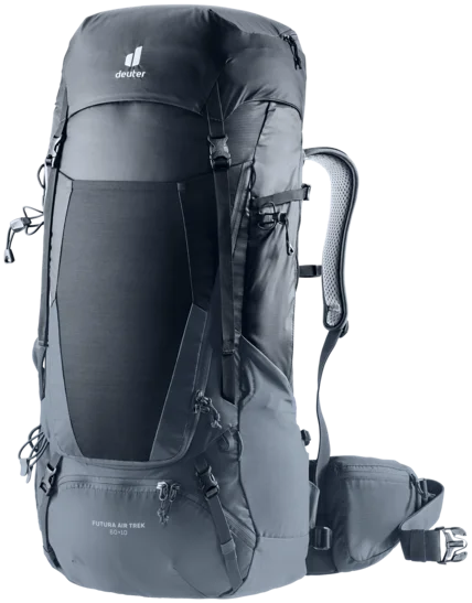 Ryggsäcken Deuter Futura Air Trek 60+10 stående i helbild, i färgen black-graphite, med tydlig logotyp upptill och synlig höftrem. Framsidans släta design och robusta form framhävs.