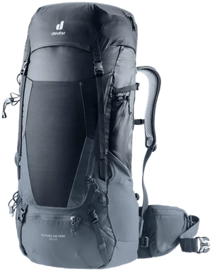 Ryggsäcken Deuter Futura Air Trek 60+10 stående i helbild, i färgen black-graphite, med tydlig logotyp upptill och synlig höftrem. Framsidans släta design och robusta form framhävs.