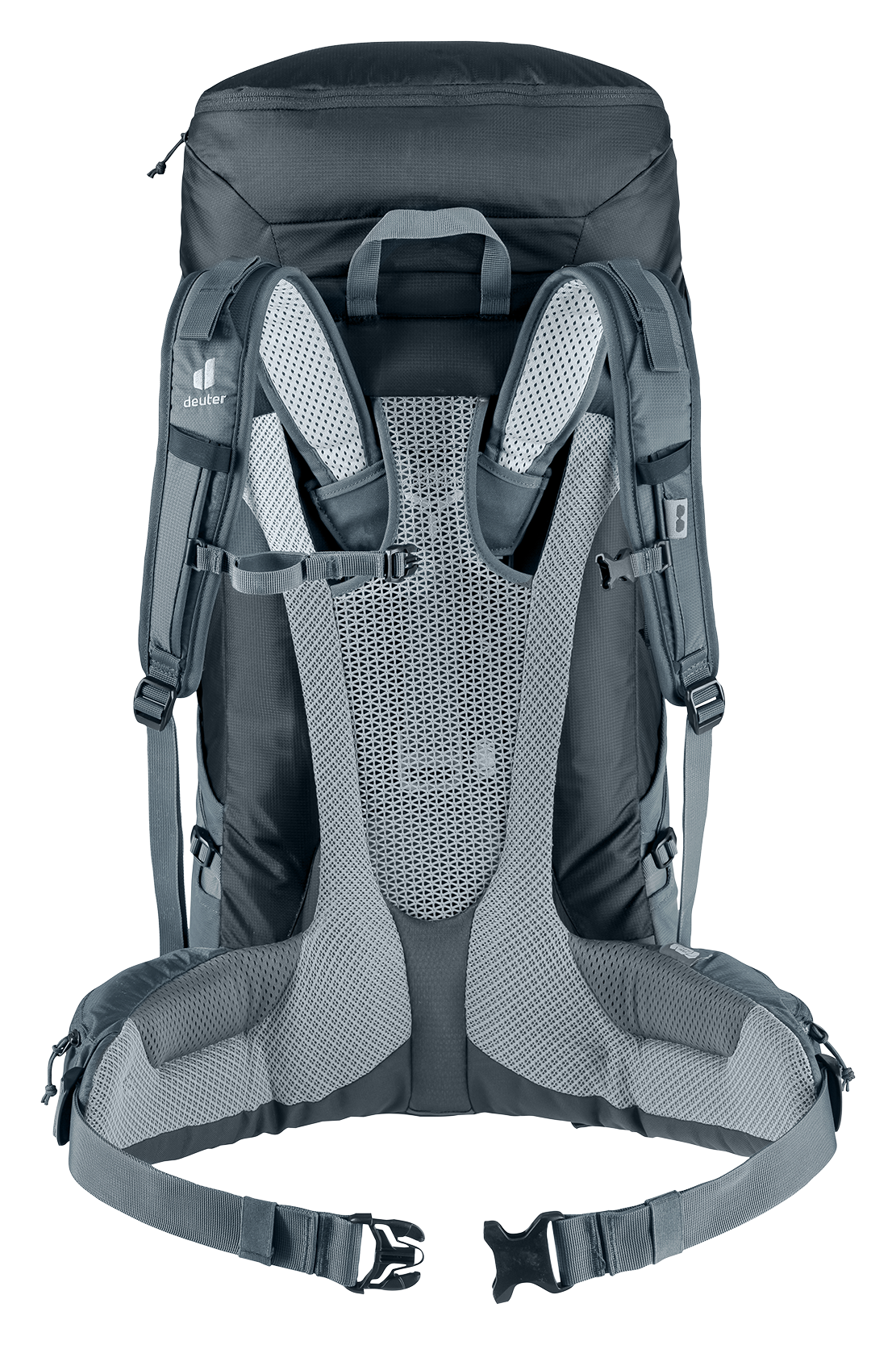 Deuter Futura Air Trek 60+10 SL – bakifrån, med fokus på det ergonomiska bärsystemet, ventilerad ryggpanel och vadderade axelremmar och höftbälte.