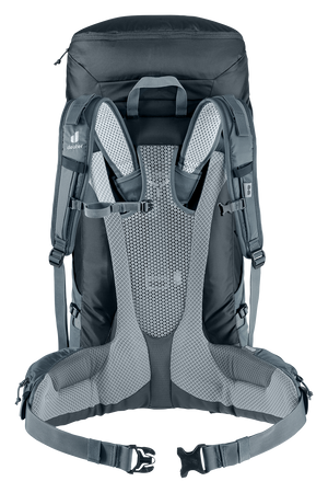 Deuter Futura Air Trek 60+10 SL – bakifrån, med fokus på det ergonomiska bärsystemet, ventilerad ryggpanel och vadderade axelremmar och höftbälte.