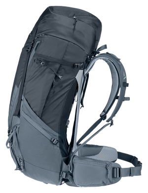 Deuter Futura Air Trek 60+10 SL – vy från sidan som visar ryggsäckens form, höftbälte med ficka, sidoficka för vattenflaska och justerbara remmar.