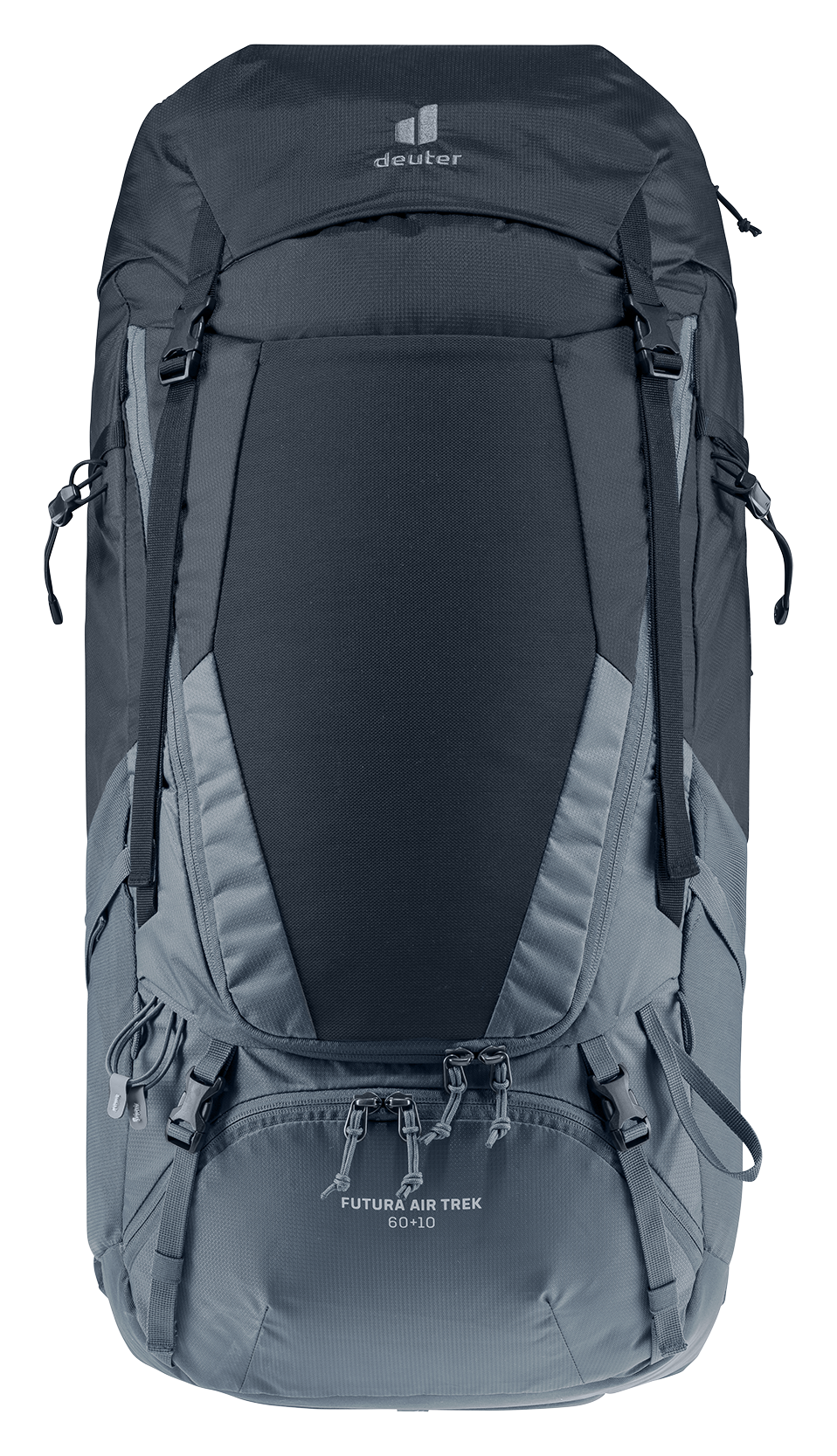 Deuter Futura Air Trek 60+10 – frontvy som visar ryggsäckens helhetsdesign, inklusive toppfack, främre förvaringsficka och kompressionsremmar.
