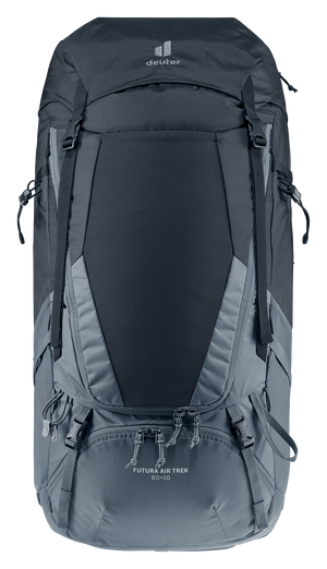 Deuter Futura Air Trek 60+10 – frontvy som visar ryggsäckens helhetsdesign, inklusive toppfack, främre förvaringsficka och kompressionsremmar.