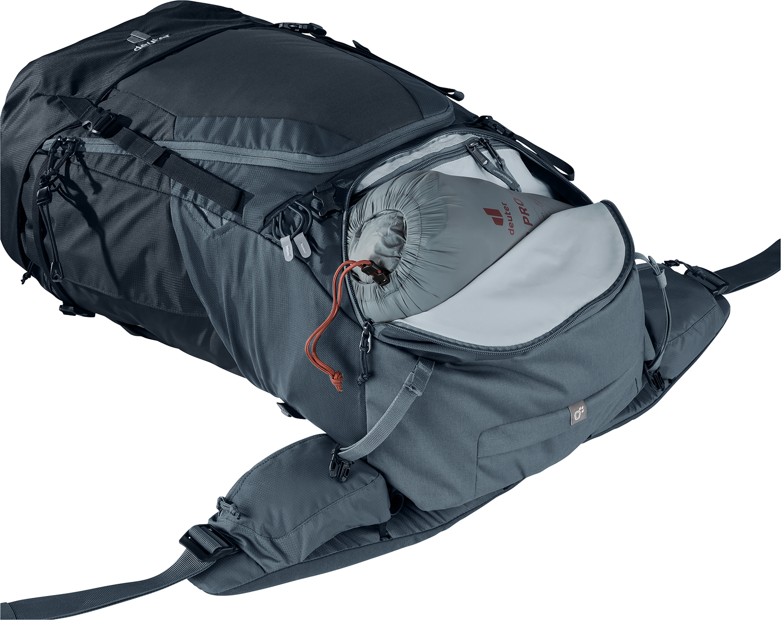Deuter Futura Air Trek 60+10 – sidovy av ryggsäck med en stålvattenflaska i sidofickan och en karta i den främre ytterfickan.
