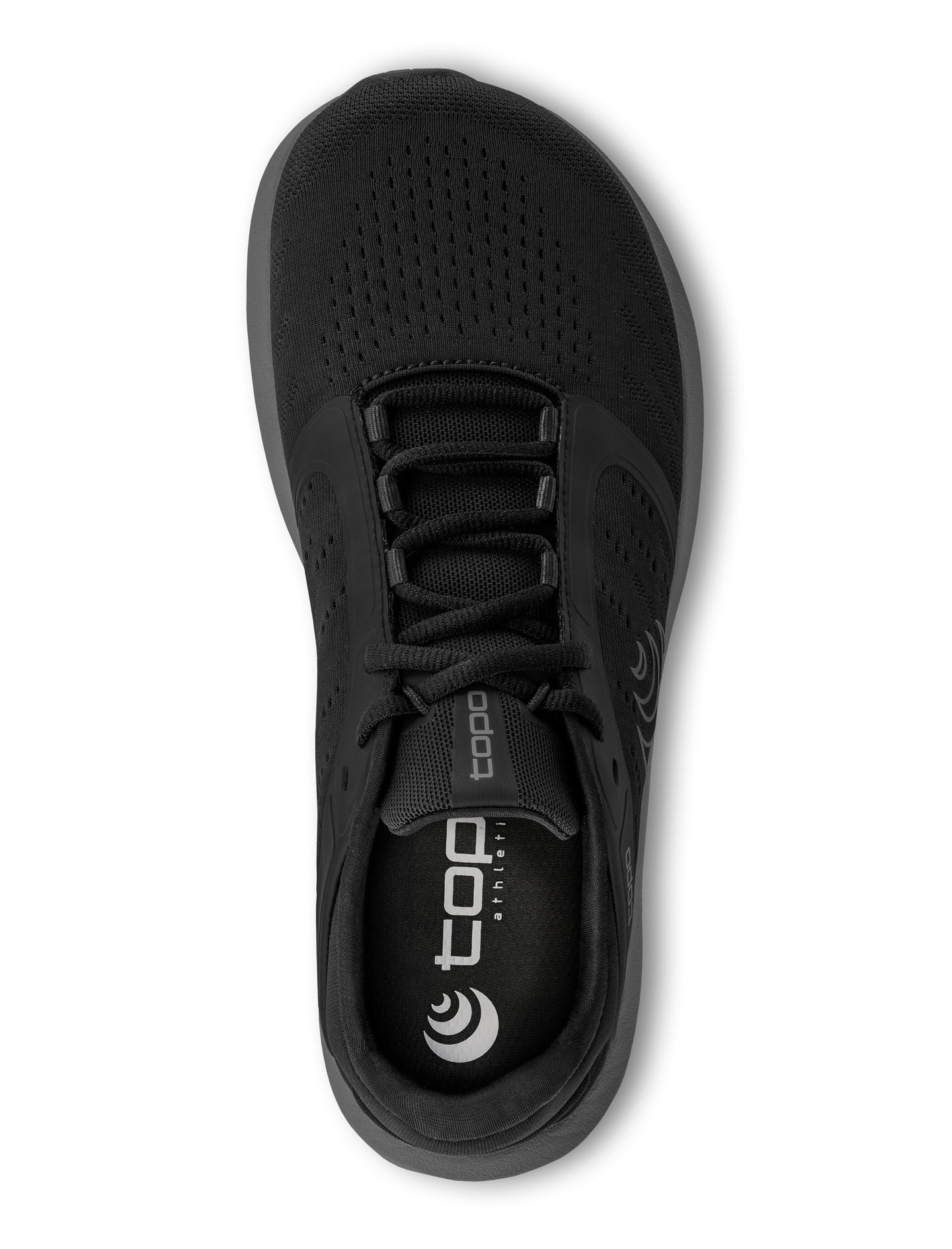 Svart löparsko från Topo Athletic med bred tåbox, ventilerande meshöverdel och svart sula – sedd från sidan.