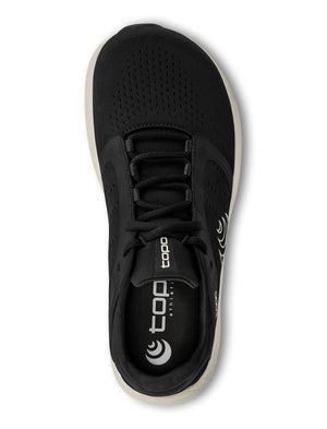 Svart löparsko från Topo Athletic med bred tåbox, ventilerande meshöverdel och vit sula – sedd från ovan.